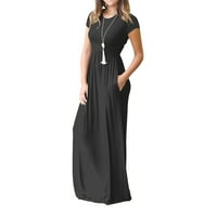 Жени ежедневни джобове с къс ръкав рокля с дължина дължина на пода, черна, xl