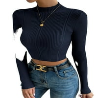 Небрежна обикновена стойка яка основни върхове дълги ръкави тъмносини пуловери за жени