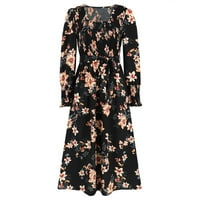 Фатази рокли за жени Дамски Есен нова реколта дълъг ръкав фрагментирани цвете средата дължина Около врата рокля
