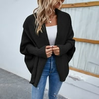 Женски моден ежедневен плетен плътно цвят качулка с качулка пуловер палто черно