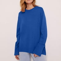 tklpehg дамски пуловер солиден цвят кръгъл врат дълъг пуловер дълги ръкави върхове модни ежедневни пуловер есен зимен топъл пуловер свободен пуловер пуловери син m