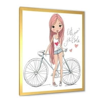 Дизайнарт 'млада жена с велосипед' детско изкуство в рамка Арт Принт