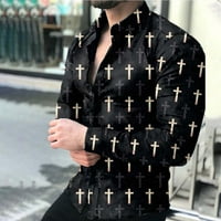 Мъжки жилетка тениски спокойна мода модна 3D печат с дълъг ръкав бутон надолу по ревера с яка тениски удобни пролет и есенна блуза черна xxxl