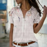 Дамски блузи жени модни ежедневни отпечатани копчета за ревера с къс ръкав върхове блуза розово xxl