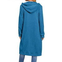 Юбатуо нова мода жените Плътен цвят тънък годни цип кръг врата Дълъг ръкав хлабав Качулати средна дължина палто палта за жени синьо М