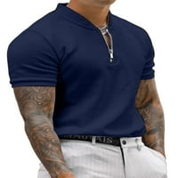 Grianlook мъже блуза солиден цвят тениски Henley Leat Summer Tops Mens Loose Fit Основен тройник небрежен къс ръкав пуловер тъмно син 2xl