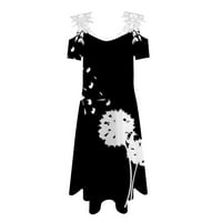 Fsqjgq суинг рокля женска линия дами дантела облицовка Цвете печат Небрежен прашка с късо ръкав рокля сив размер 2xl