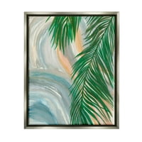 Ступел индустрии тропически Палмово дърво листа затвори вихър модел Живопис блясък сив плаваща рамка платно печат стена изкуство, дизайн от Елвира Ерико