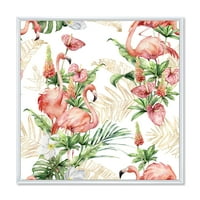 Дизайнарт 'Тропически Цветя И Златни Листа С Розово Фламинго' Традиционна Рамка Платно Стена Арт Принт