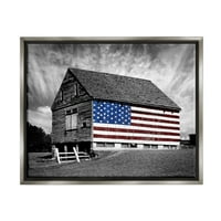 Ступел индустрии черно и бяло Ферма плевня американски флаг блясък сива рамка плаващо платно стена изкуство, 24х30